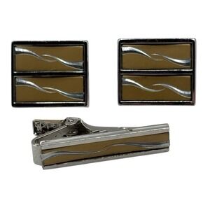 Anson Cufflinks Neck Tie Clip Set VTG Two Tone‎ Wave Design Tux Shirt Dress Suit